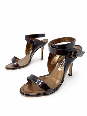 Manolo Blahnik Tortoiseshell Patent Leather Ankle Strap Heels Women Size EU 37.5
